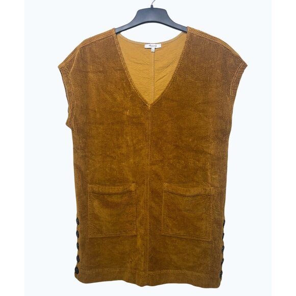 Madewell Corduroy Side-Button Shift Dress V-Neck Medium Antique Gold Casual Styl - Picture 12 of 14